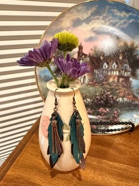 Teal faux Leather Feather Dangle Earrings with Bronze Accents